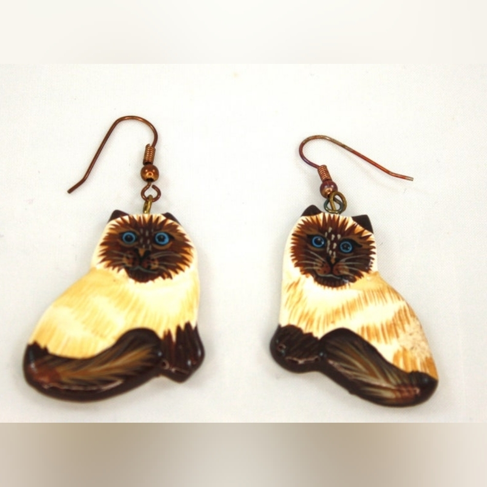 vintage CAT Earrings Siamese cats Lightweight 1980s Handpainted Cat lover